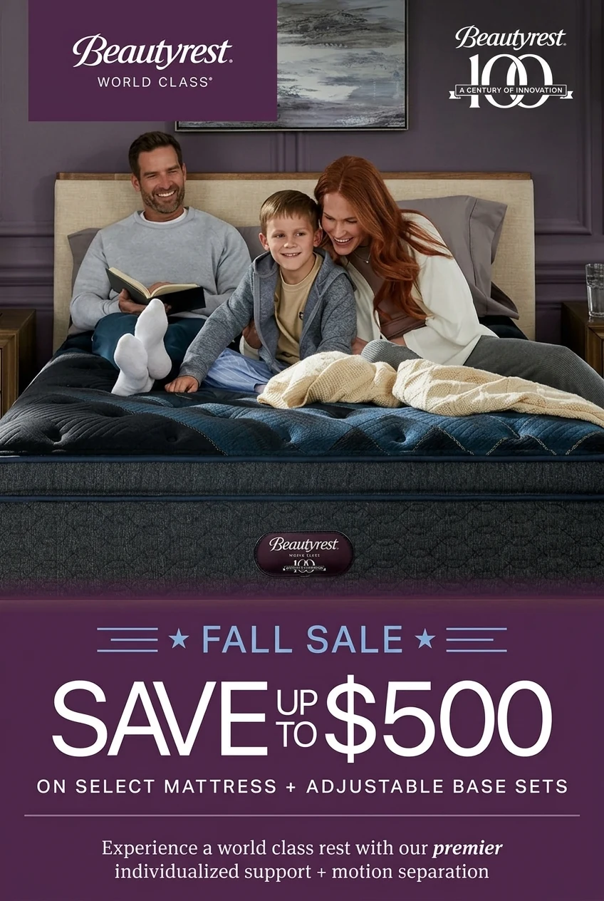 Beautyrest World Class Fall Sale - Save up to $500 on select mattress and adjustable base sets.